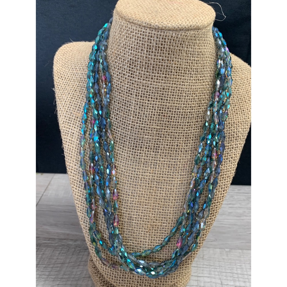 Iridescent Blue Green Glass Bead 6 Strands Layered Necklace 20 Inch AB Finish